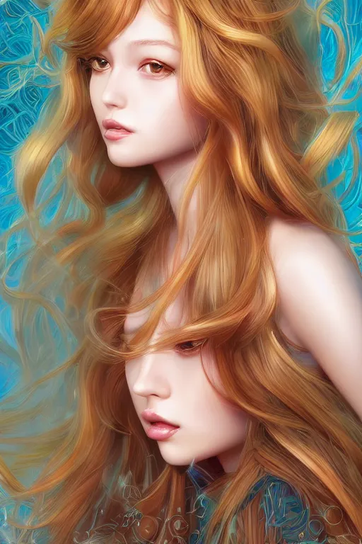 Image similar to intricate, richly detailed colored 3 d illustration of a beautiful ornated cute woman with long metallic gem hair background with completely rendered reflections, art by range murata and artgerm highly detailed, digital painting, trending on artstation