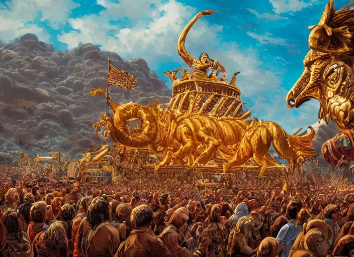 Image similar to a crowd of tribal men and women worshiping a giant golden calf, biblical, dramatic, insanely detailed, by dan mumford, yusuke murata, makoto shinkai, ross tran, intricate detail, cinematic, 8 k, featured on artstation, pixiv