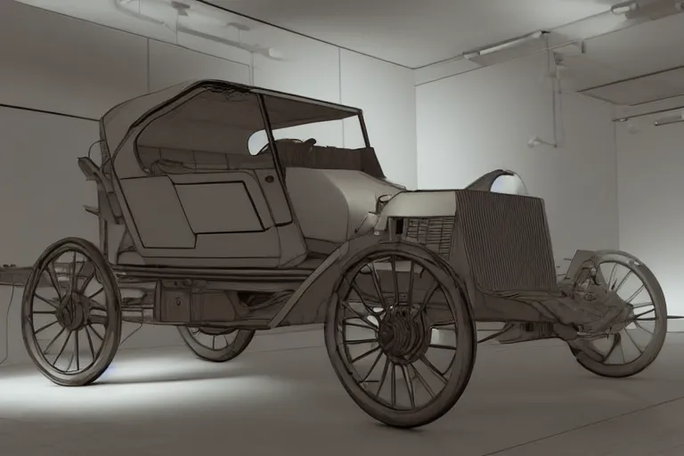 Prompt: still photo of the invention of the first car, highly detailed, photorealistic shot, bright studio setting, studio lighting, crisp quality and light reflections, unreal engine 5 quality render