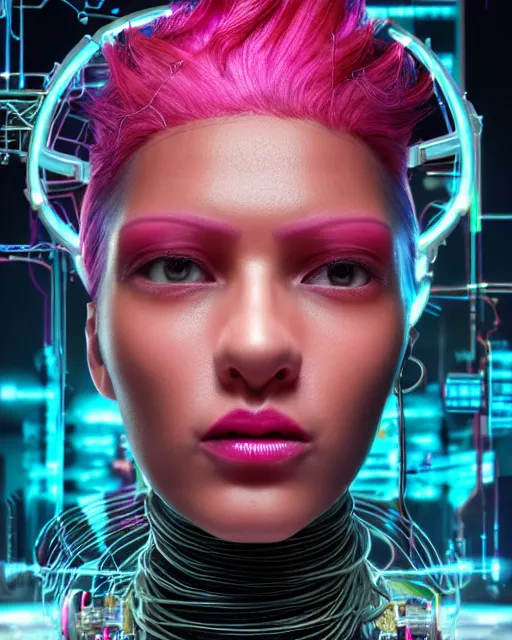 Image similar to portrait of a beautiful brown woman with pink hair as a cyberpunk cyborg half robot, revealing wires and electronics, hooked - up, sci - fi, missing panels, intricate abstract upper body intricate artwork, concept art, octane render, deviantart, cinematic, key art, hyperrealism, iridescent accents, portrait photograph, nikon 3 5 mm, photograph by greg rutkowski