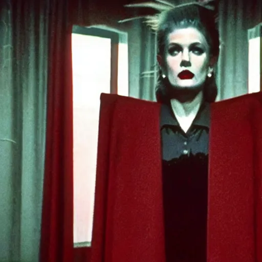 Prompt: the black lodge, Twin Peaks (1990), eerie surreal nightmare, david lynch, red curtains, ominous