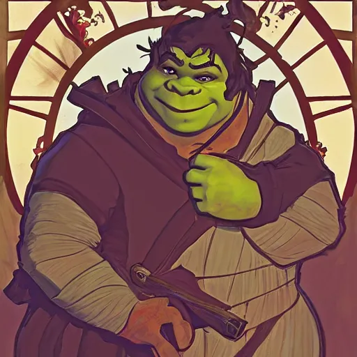 Image similar to Shrek on a toilet in the style of Krenz Cushart, Greg Rutkowski, Alphonse Mucha