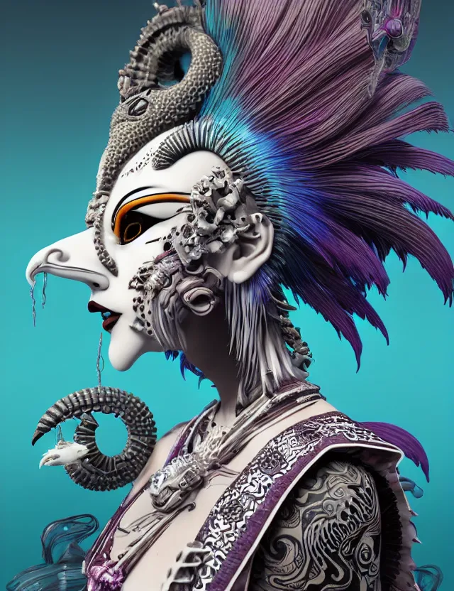 Image similar to 3 d goddess close - up profile portrait punk with mohawk with ram skull. beautiful intricately detailed japanese crow kitsune mask and clasical japanese kimono. betta fish, jellyfish phoenix, bio luminescent, plasma, ice, water, wind, creature, artwork by tooth wu and wlop and beeple and greg rutkowski