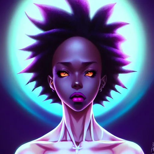 Prompt: portrait of a black anime manga girl, french bob hair, white hair, purple eyes, by artgerm, james jean, tom bagshaw, gerald brom, vaporwave colors, lofi colors, vaporwave, lofi, goth vibe, 4 k, smooth, hd, substance designer render, full body character concept art, symmetrical, 2 point lighting,