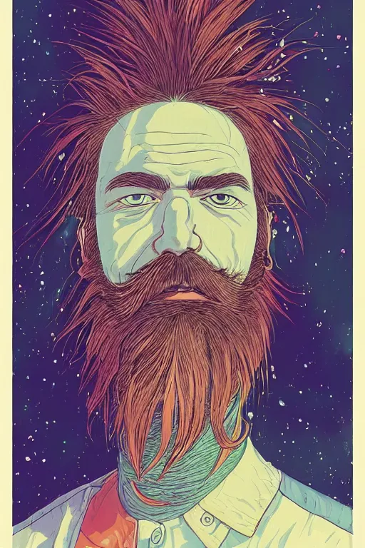 Image similar to a colorful closeup portrait of a young bald man with a very long wild beard dreaming psychedelic hallucinations in the vast icy landscape of antarctica, by kawase hasui, moebius and edward hopper, colorful flat surreal design, hd, 8 k, artstation