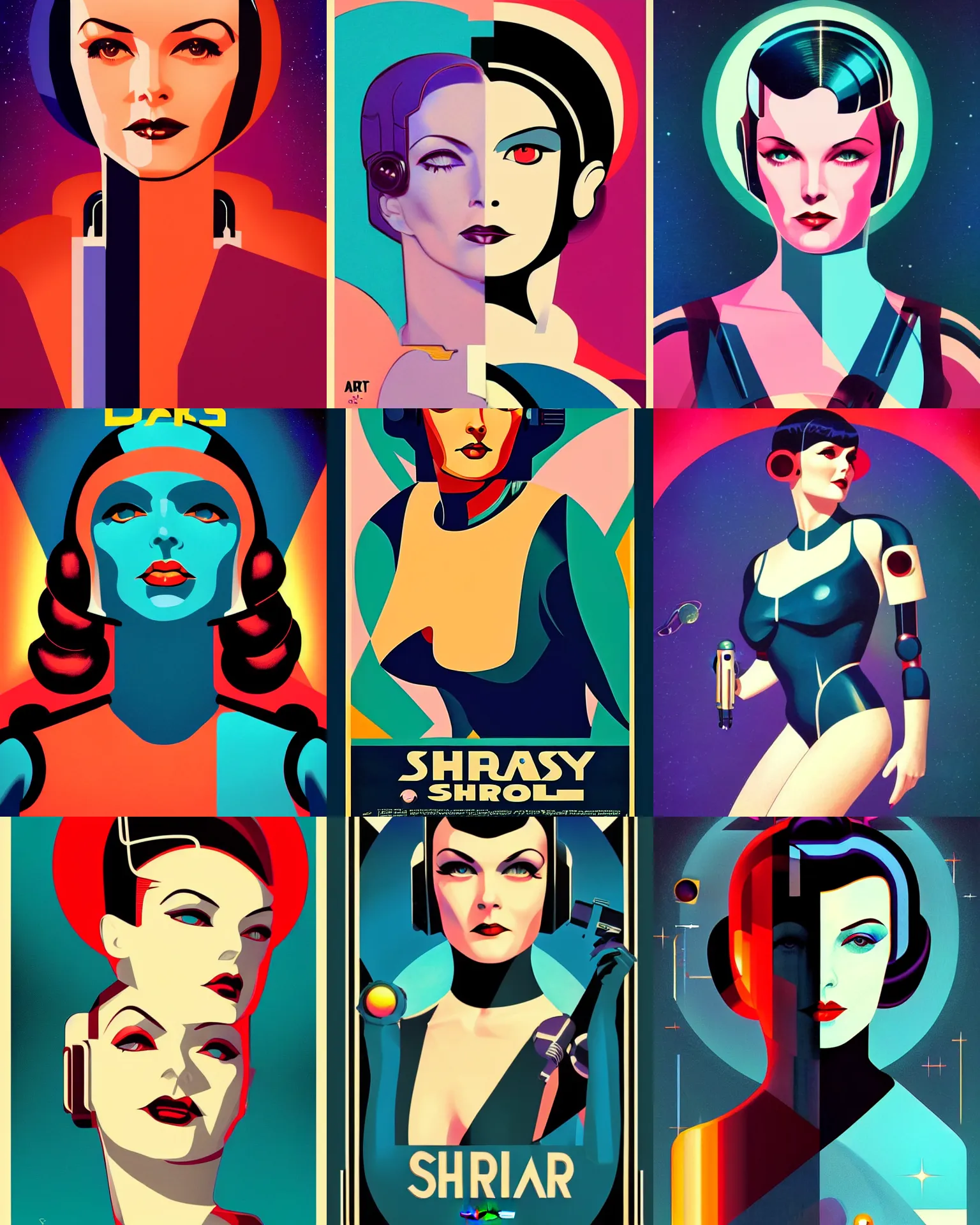 Prompt: art deco poster of android sherilyn fenn fused with mary louise brooks 2 2 years old space woman, half robot and half woman, retro futurism, solaris, half portrait by stanley artgerm, dramatic lighting, ilya kuvshinov, trending on artstation, flat colour, geometric curves, gradient filter, pleasing tone colours