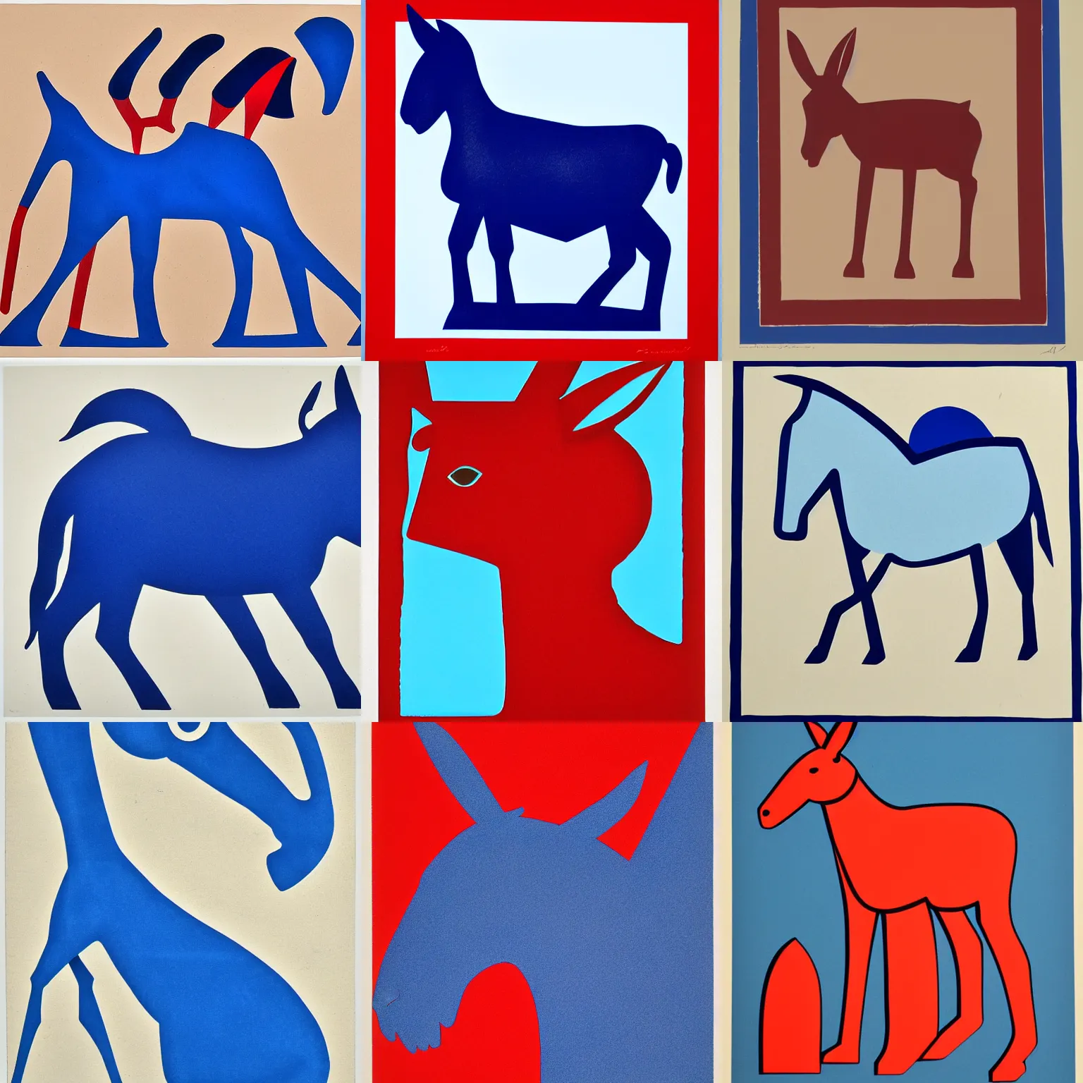 Prompt: lithograph of donkey!! cycladic sculpture, simplified, silhouette, solid colors, block print, iconic, side view, centered, ultramarine blue and red iron oxide