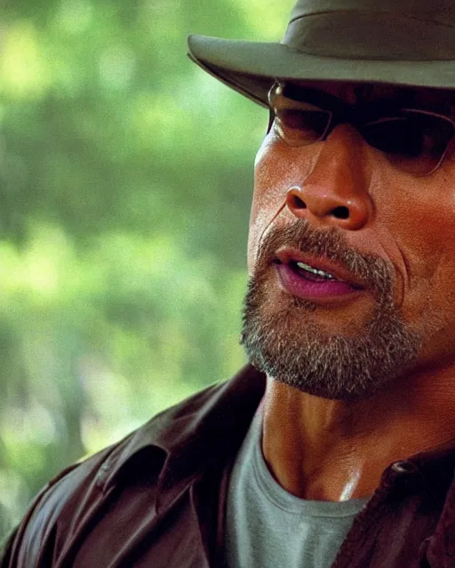 Prompt: Film still close-up shot of Dwayne Johnson as John Hammond from the movie Jurassic Park. Photographic, photography