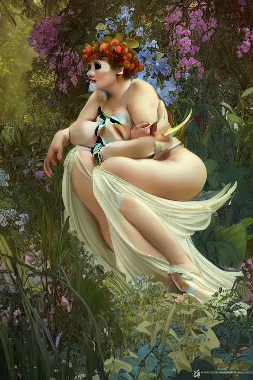 Prompt: Curvaceous fairy goddess sitting on a vivid flower in a lush green forest, Mark Arian and Alphonse Mucha, highly detailed, intricate, dynamic lighting, octane render, 8k