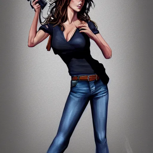 Image similar to Kate Beckinsale in a t-shirt and jeans, digital painting, artstation, concept art, illustration