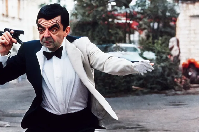 Image similar to mr bean from 1 9 9 0 s as james bond in an action scene fighting a villain, professional photography, 8 k, cinematic