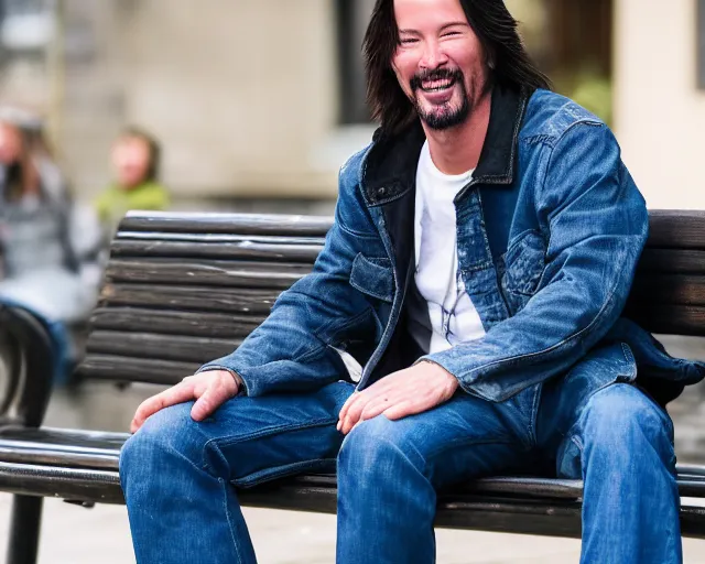 Image similar to 5 5 mm photo of happy keanu reeves in blue jeans and black jacket sitting on a bench in the street. dof. lifelike. ultra detailed. intricate. soft light. nikon d 8 5 0.