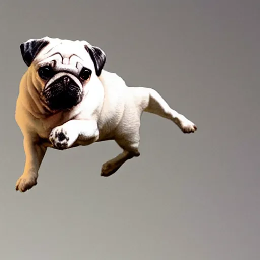 Image similar to a white pug as a superhero flying though the air, hyper realistic, photorealistic