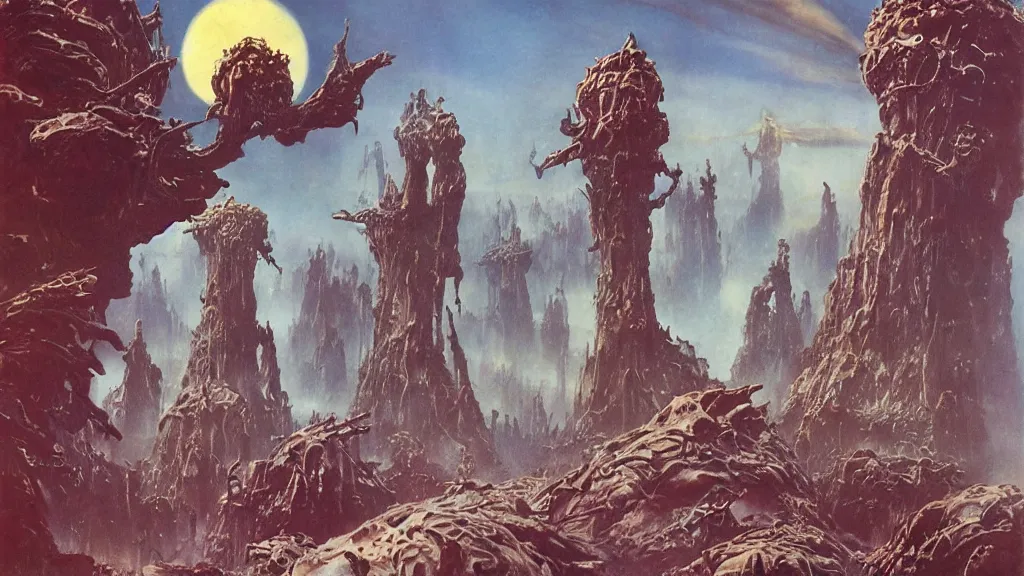 Image similar to surreal eerie alien planet empire with strange biomechanical plants by frank frazetta and bruce pennington, cinematic matte painting