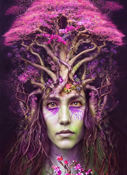 Prompt: psychedelic organic shaman, made of orchids and cherry blossom trees and roots, diffuse lighting, fantasy, intricate, subconscious, highly detailed, photorealistic, digital painting, artstation, beautiful woman, concept art, smooth, sharp focus, by john collier and albert aublet, by amanda sage