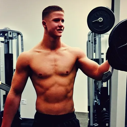 Image similar to “ a realistic detailed photo of a guy who is an attractive humanoid who is half robot and half humanoid, who is a male android, football player christian mccaffrey, shiny skin, posing like a statue, blank stare, at the gym, on display ”