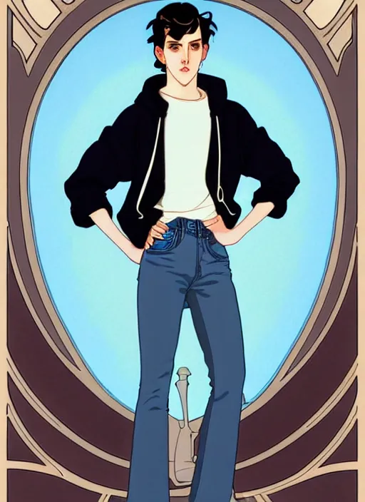 Image similar to well - lit art nouveau portrait of a young man with short black hair, light blue eyes, pale skin, serious expression, jeans and a black hoodie, natural lighting, path traced, highly detailed, high quality, cartoon, digital painting, by don bluth and ross tran and studio ghibli and alphonse mucha