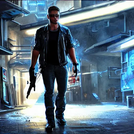 Image similar to a detailed full bodied 3 d render of an extremely handsome jensen ackles as the terminator walking down a dark alley futuristic sci fi city, holding a glowing futuristic crossbow, volumetric lighting, octane render, 8 k, art by greg rutkowski and albert bierstadt and alphones mucha