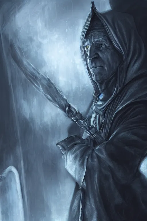 Prompt: joe biden as a hooded arch mage, character art, by artgem, by yoshitaka amano, dark atmosphere, digital art, highly detailed, portrait