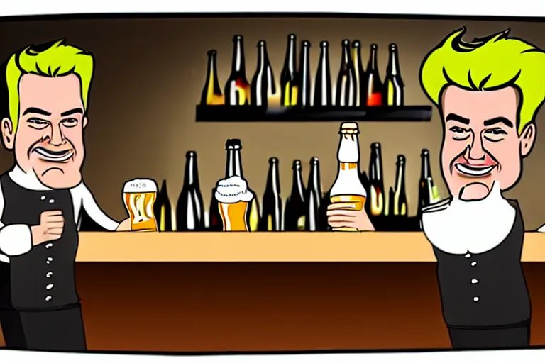 Prompt: a drunken bottle of beer stands a bar yelling at the bar tender, caricature of gordon ramsey