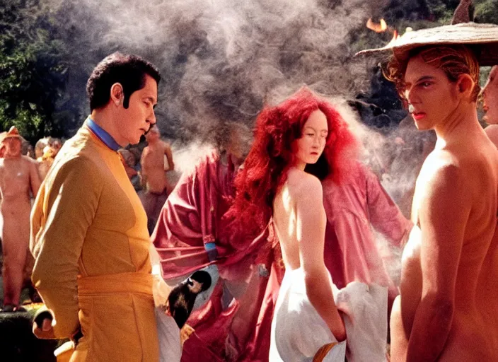 Prompt: 3 5 mm still from art house film by alejandro jodorowsky, wong kar - wai and wes anderson : : sensual scene in a picturesque outdoors setting : : fire, painted horse, high priestesses, smoke, debauchery, birds : : close - up of the actors'faces : : technicolor, 8 k