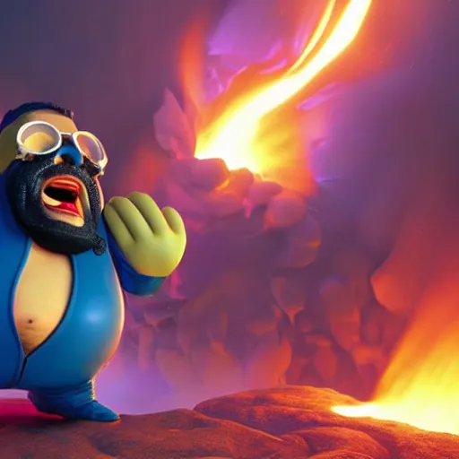 Prompt: highly detailed octane render of a short fat ugly man with a giant beard wearing goggles and a blue jumpsuit is screaming being blown up in an explosion inside a cave