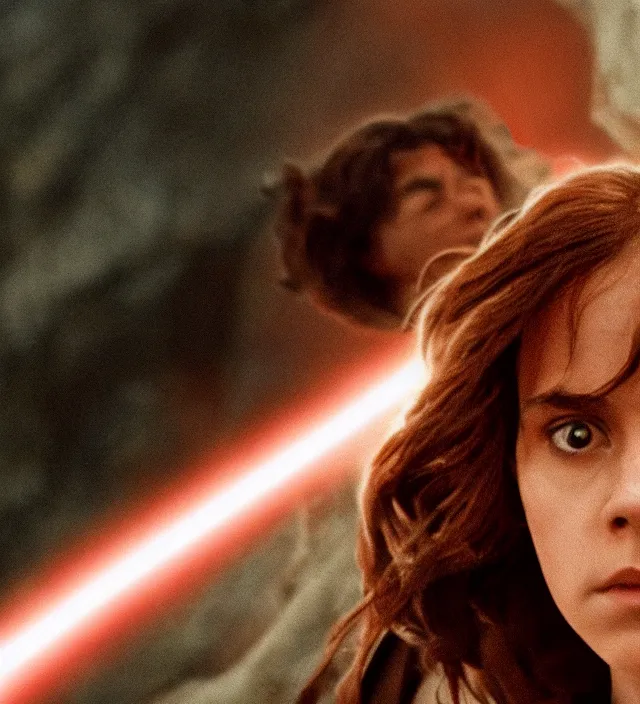 Image similar to hermione in star wars, movie still frame, hd, remastered, movie grain, cinematic lighting