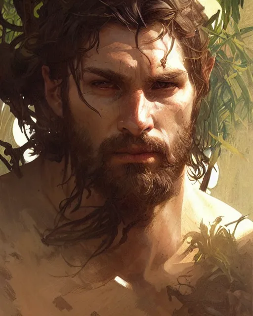 Image similar to god of the forest, rugged, male, detailed face, muscular, intricate, highly detailed, digital painting, artstation, concept art, sharp focus, illustration, art by greg rutkowski and alphonse mucha