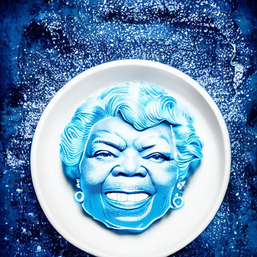 Prompt: maya angelou inside blue gelatin mold, food photography, straight on angle, bokeh, studio lighting