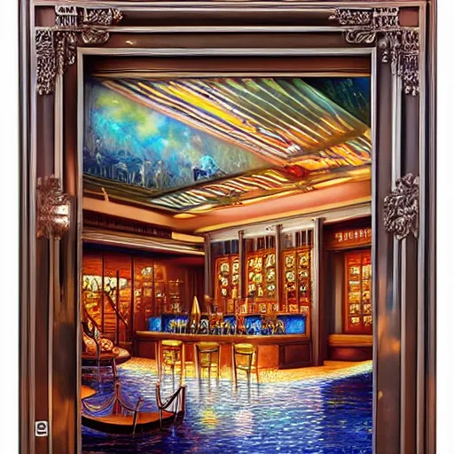 Image similar to beautiful Peter Mohrbach and Mark Keathley highly detailed illustration of an underwater art deco lounge