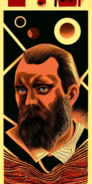Prompt: very detailed unsettling and dramatic vintage poster of a short bearded hypnotist, with the theme of the nature of reality and the metaverse, very artistic, artstation