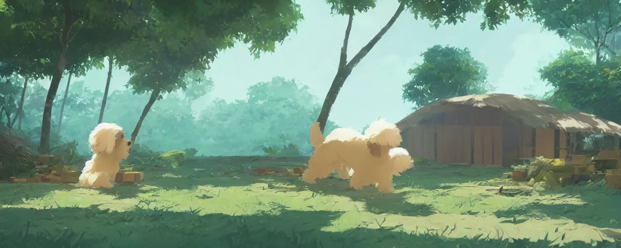 Prompt: a cream - colored havanese dog building a house from leaves and trees at a tropical beach, atey ghailan, goro fujita, studio ghibli, rim light, exquisite lighting, clear focus, very coherent,