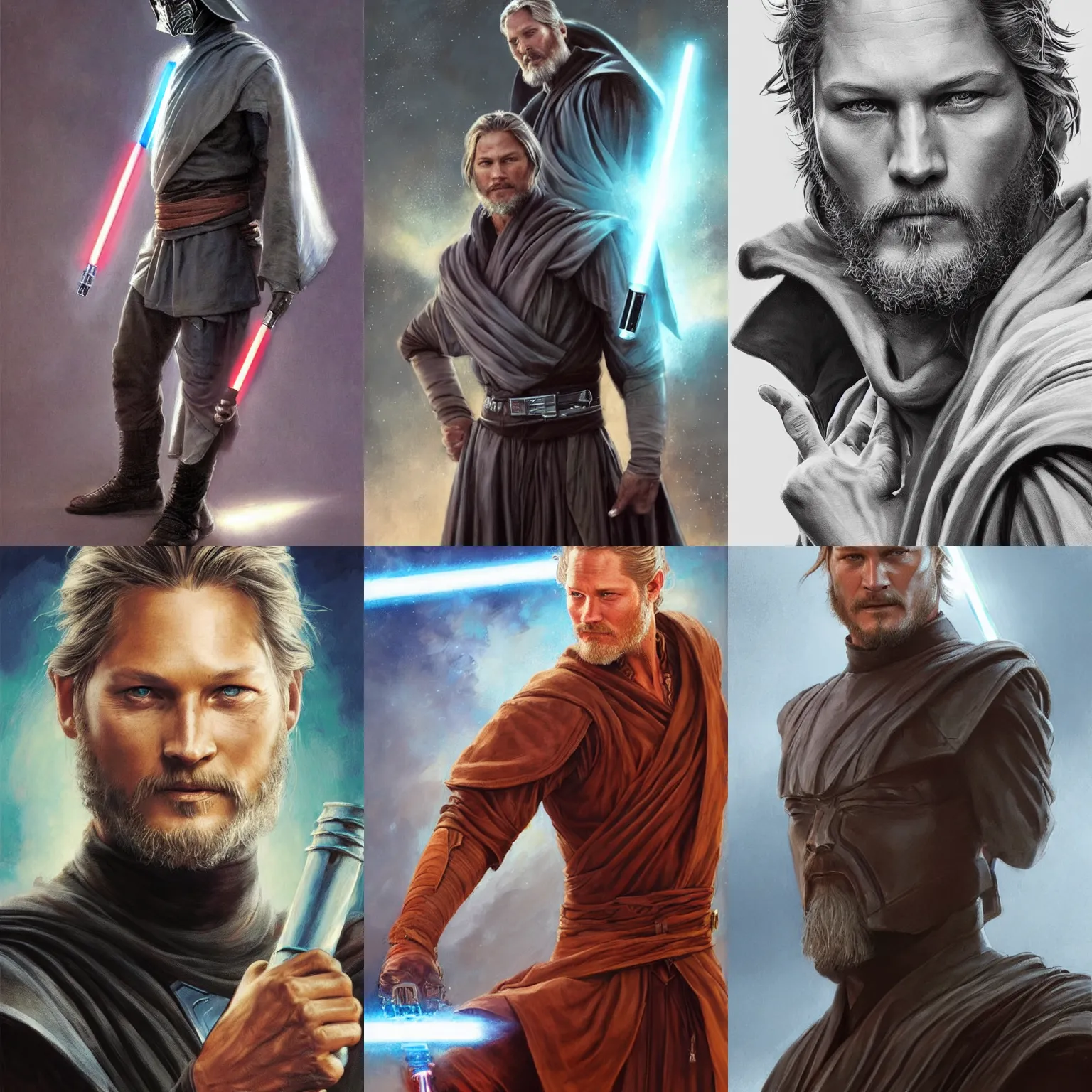 Prompt: Travis Fimmel as a Jedi Master, looking at the viewer, detailed face, high contrast, highly detailed, digital painting, sharp focus, trending on artstation, concept art, illustration, art by greg hildebrandt and clayton crain