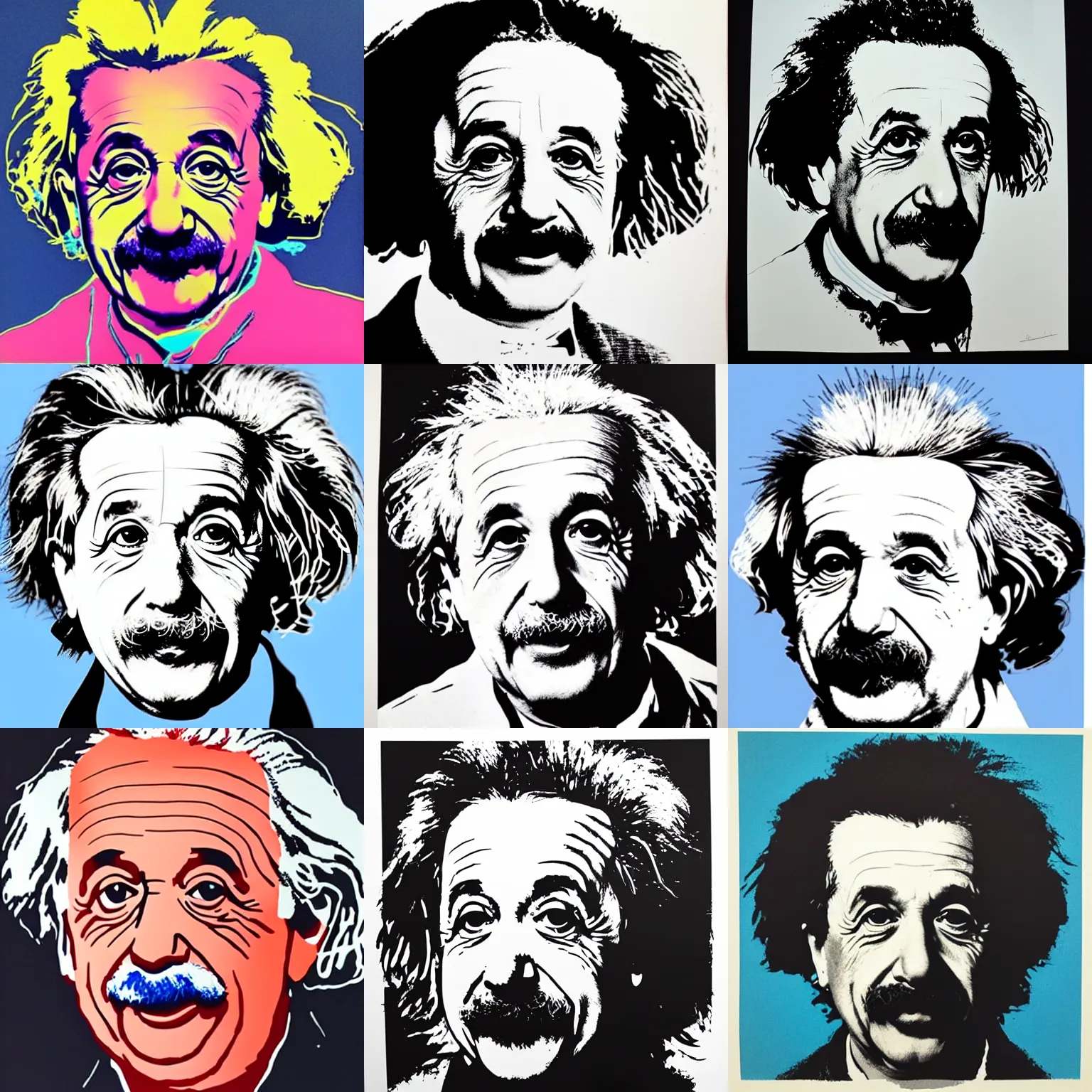 Prompt: “portrait of Albert Einstein by Andy Warhol, screen print”