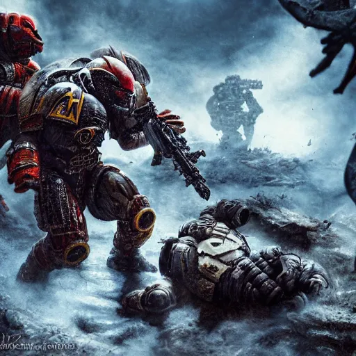 Image similar to The Predator fighting a Space Marine, intense combat, high detail, desolate landscape, trending, masterpiece, high resolution,