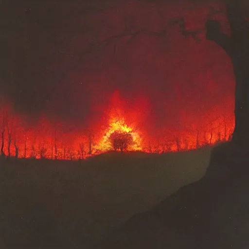 Prompt: an oak tree aflame, still, fog in background, dantes inferno, evil album cover