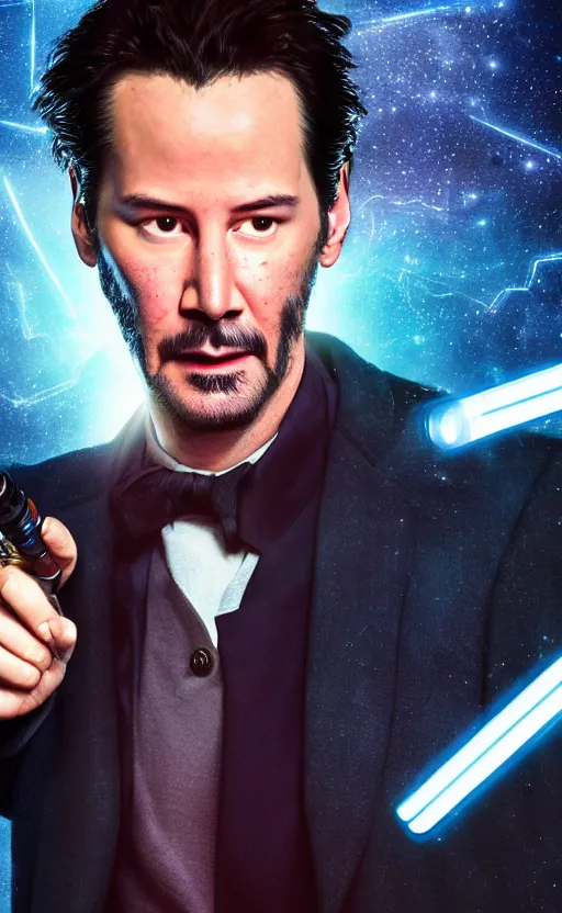 Prompt: portrait of Keanu reeves as 10th Doctor Who in the TARDIS with sonic screwdriver, Photo, High details, 8k, DSLR, long shot