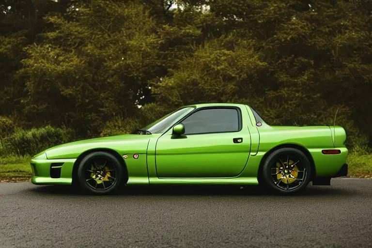 Prompt: A modified green Mazda RX-7 on a wet road, highly detailed, golden hour, atmospheric lighting, dramatic sky, 4k, 8k