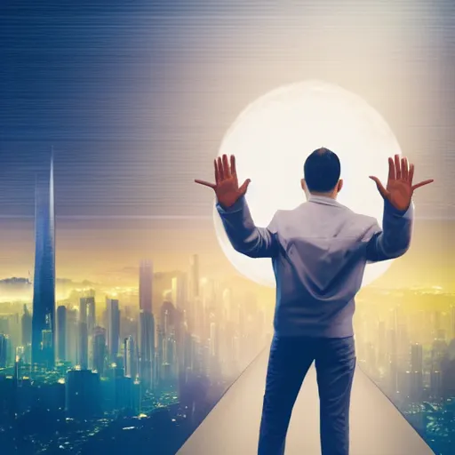 Image similar to futuristic world, highly detaield, man waving goodbye to group of people, ((cryptocurrency in background))