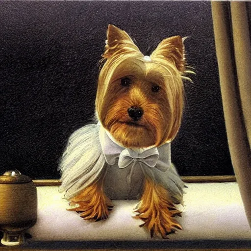 Image similar to a Yorkshire terrier on a boat wearing a black bow tie, extremely detailed masterpiece, illustration, by Michael Sowa,