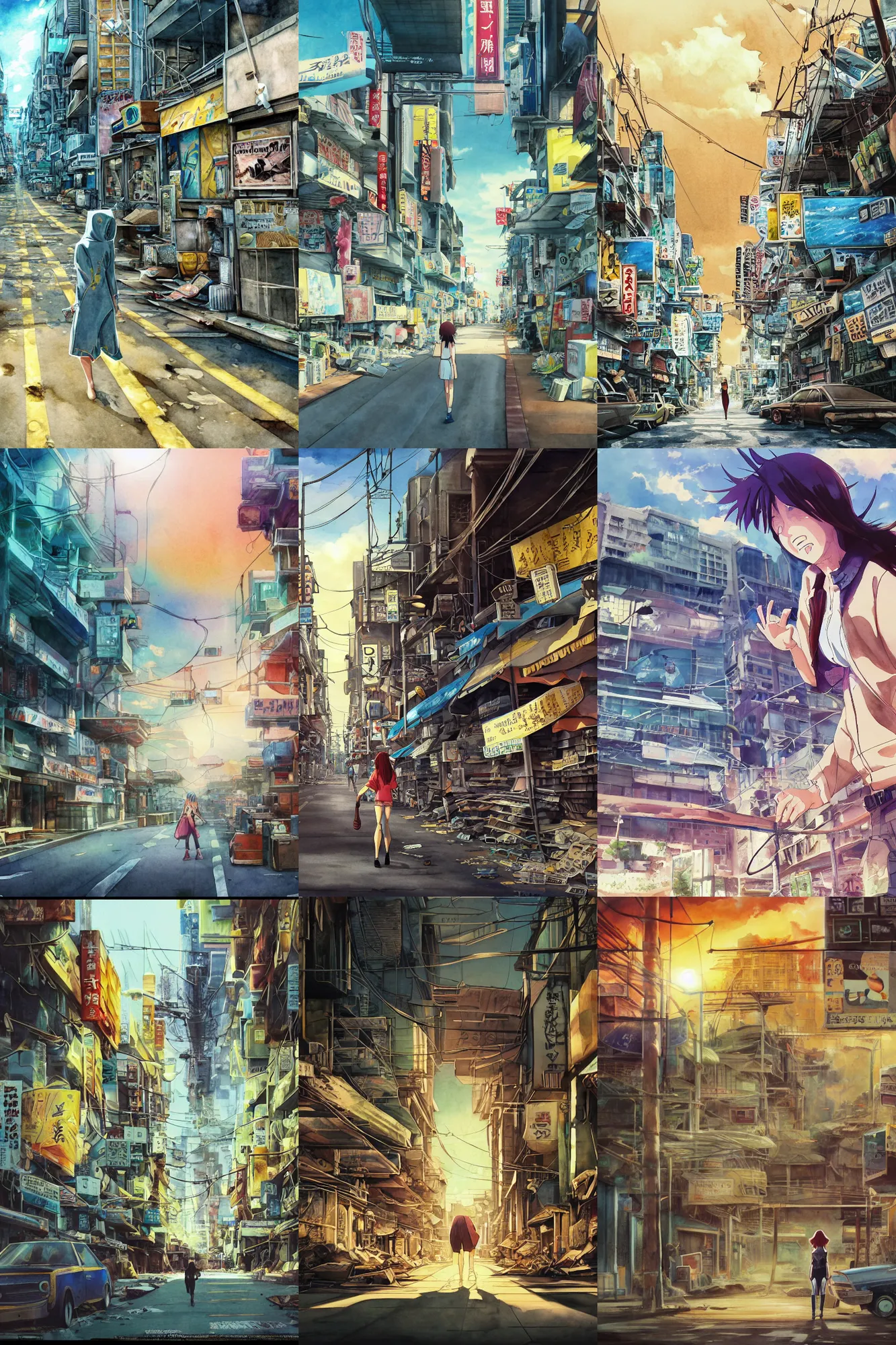 Prompt: incredible anime movie scene, vanishing point, hoody woman explorer, watercolor, underwater market, empty road, coral reef, billboards, harsh bloom lighting, rim light, abandoned city, paper texture, movie scene, caustic shadows, deserted shinjuku junk town, old pawn shop, bright sun ground, wires, telephone pole, pipes, yellow, red, dusty