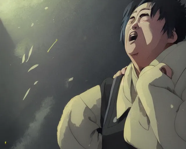 Image similar to a 50 year old brunnete happy chinese man with puffy cheeks bursting in tears on the floor, close up shot, anime art, Greg Rutkowski, studio ghibli, dramatic lighting