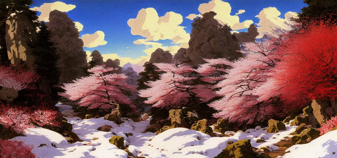 Prompt: ghibli illustrated background of a trail leading through a strikingly beautiful snowy landform with strange rock formations and red water, and cherry blossoms by vasily polenov, eugene von guerard, ivan shishkin, albert edelfelt, john singer sargent, albert bierstadt 4 k