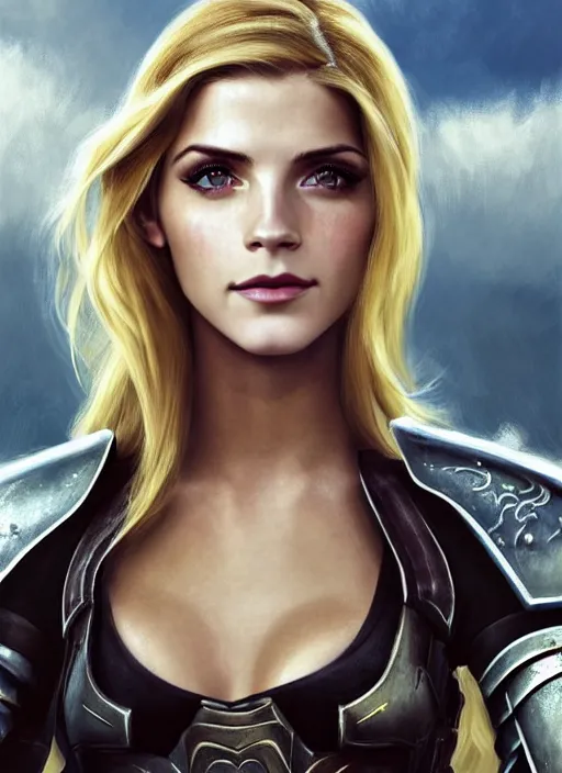 Prompt: portrait of a combination of Ashley Greene, Katheryn Winnick, Victoria Justice and Adriana Dxim, Grace Kelly, Emma Watson and Lily Collins with blonde hair wearing Paladin Armor from World of Warcraft, countryside, calm, fantasy character portrait, dynamic pose, above view, sunny day, thunder clouds in the sky, artwork by Jeremy Lipkin and Giuseppe Dangelico Pino and Michael Garmash and Rob Rey and Greg Manchess and Huang Guangjian, very coherent asymmetrical artwork, sharp edges, perfect face, simple form, 100mm