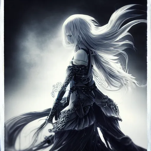 Image similar to Blurred and dreamy illustration of an anime girl with a pirate eye patch, wavy white hair and cracks on her face wearing elden ring armour with the cape fluttering in the wind, Yoshitaka Amano, abstract black and white patterns on the background, noisy film grain effect, highly detailed, Renaissance oil painting, weird portrait angle