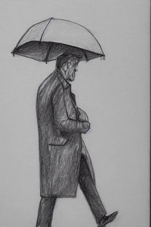 Prompt: a drawn man standing in the rain in a jacket with an umbrella. pencil sketch.