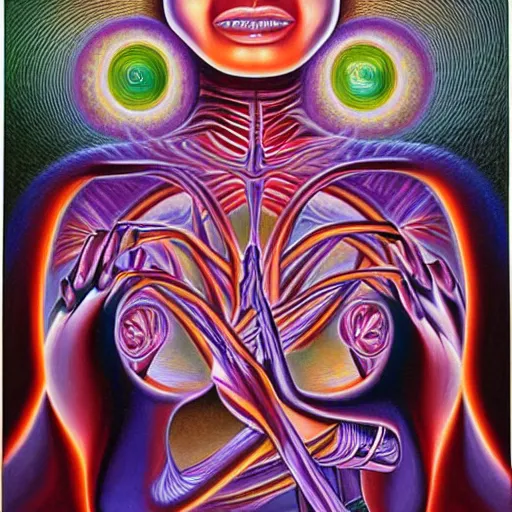 Prompt: enlightened biomechanical a. i, oil painting by alex grey