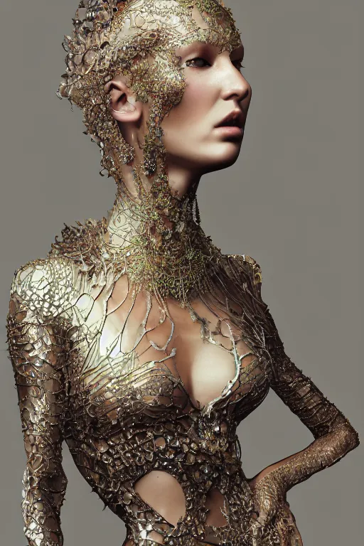 Prompt: a realistic moody portrait photo of a beautiful ancient alien woman goddess bella hadid standing in iris van herpen dress jewelery and fractals in style of alphonse mucha art nuvo dmt trending on artstation made in unreal engine 4