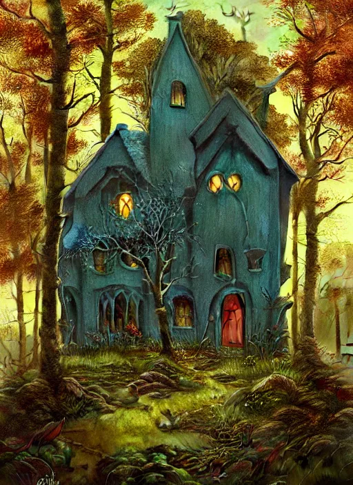 Image similar to hyper realistic homely ornate modern witch cottage far away in the woods gorgeous lighting, blue sky, highly detailed, lush forest by zdzisław beksinski and norman rockwell and greg rutkowskiweta studio, and lucasfilm