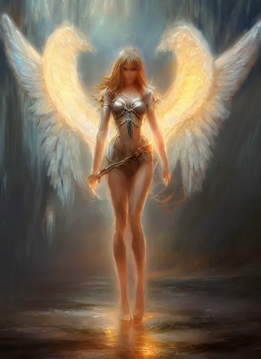 Image similar to concept art, angel knight girl. by artstation trending, by joseph mallord william turner, luis royo, konstantin razumov, cinematic lighting, fractal flame, highly detailed